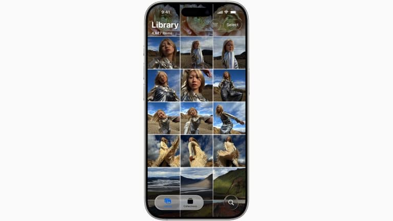 A smartphone screen showcases the iOS 26 Photos layout in a gallery app, featuring several images of a woman outdoors in a shiny silver outfit, set against mountains and fields.