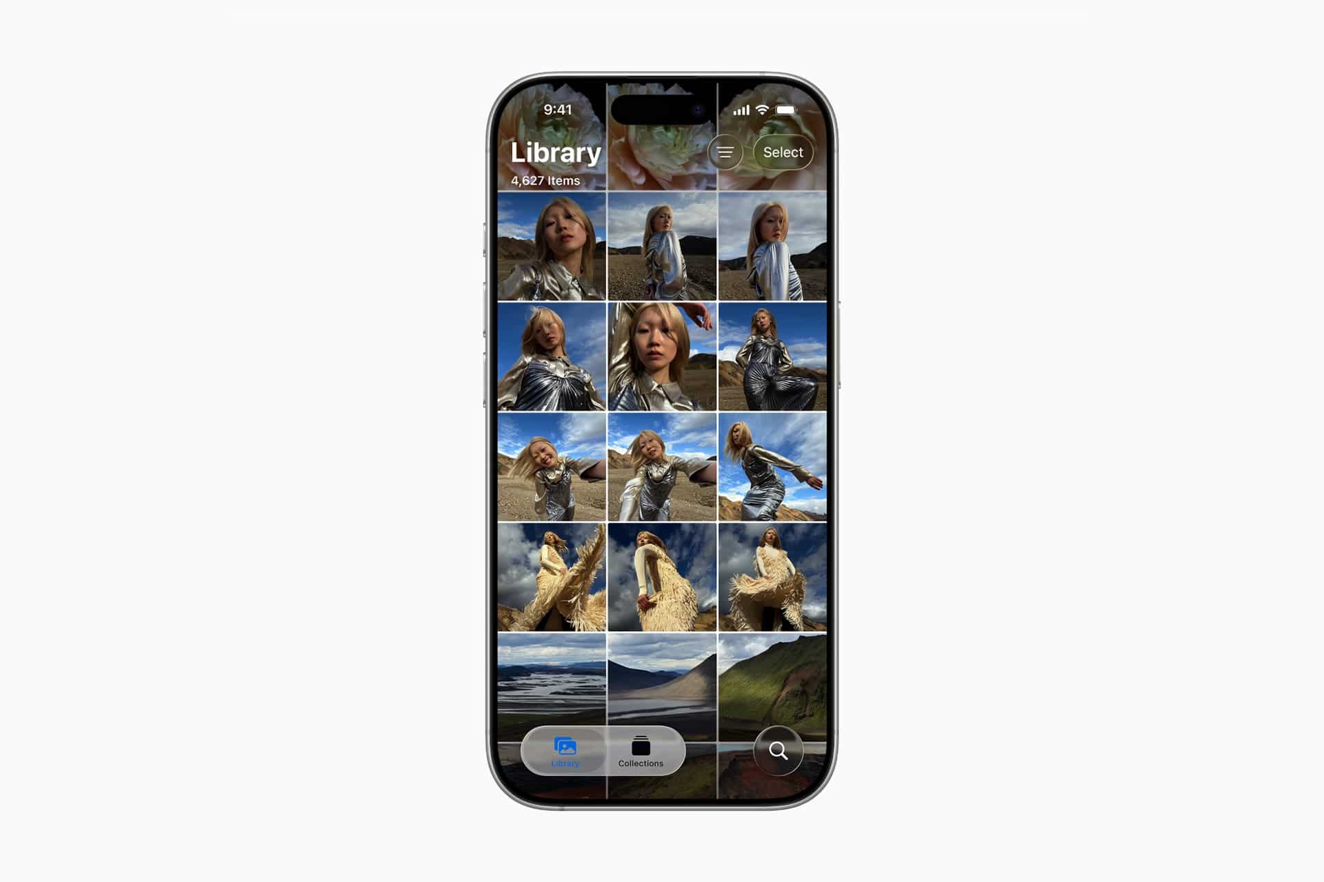 A smartphone screen showcases the iOS 26 Photos layout in a gallery app, featuring several images of a woman outdoors in a shiny silver outfit, set against mountains and fields.
