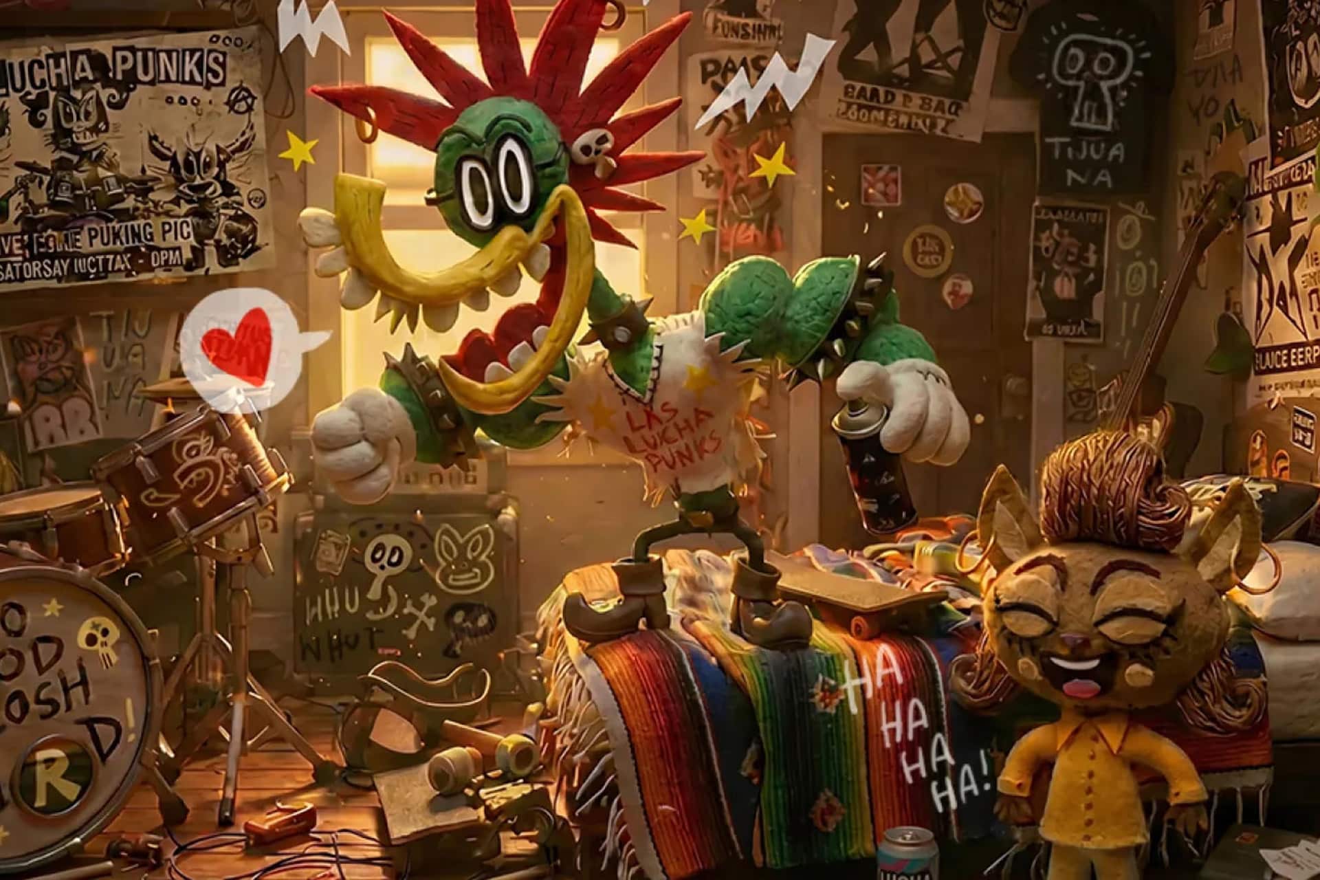 Two colorful puppet-like characters with punk style star in a lively, sticker-filled room. One jumps on the bed while the other, with glasses and a mohawk, lounges and laughs—like a scene straight out of Prime Video AI shows.
