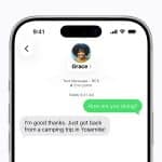 A smartphone screen shows a text conversation secured by RCS encryption. A message asks, "How are you doing?" The reply says, "I'm good thanks. Just got back from a camping trip in Yosemite!" Grace's profile photo is visible.