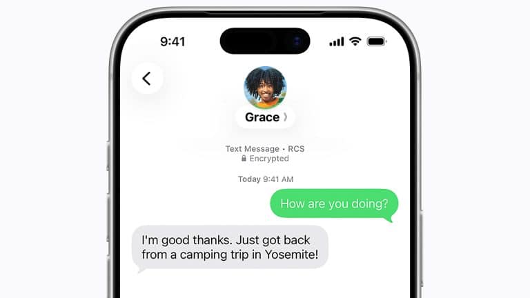 A smartphone screen shows a text conversation secured by RCS encryption. A message asks, "How are you doing?" The reply says, "I'm good thanks. Just got back from a camping trip in Yosemite!" Grace's profile photo is visible.
