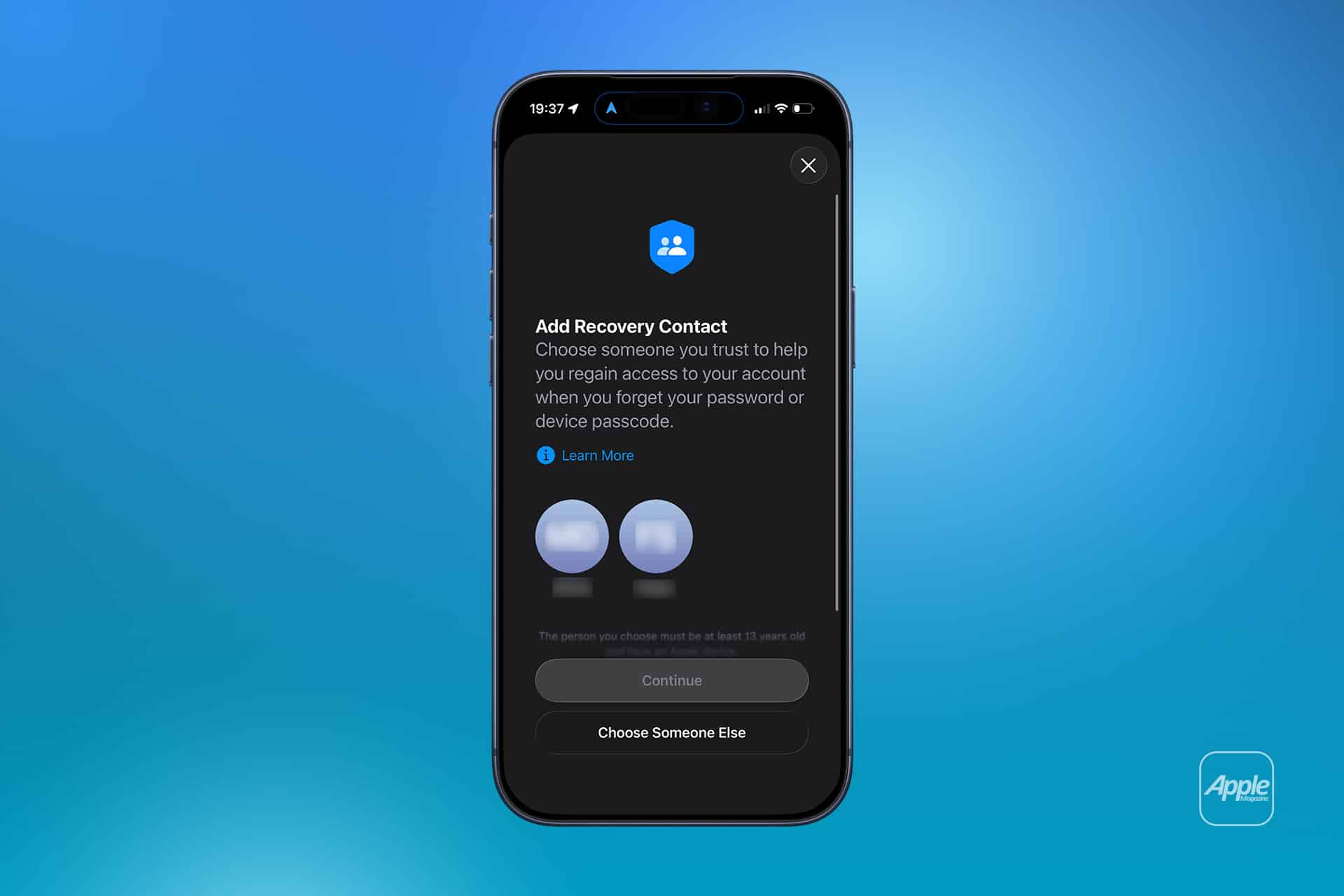 A smartphone screen displays an "Add iCloud recovery contact" prompt, asking the user to choose someone to help regain account access. Two user icons are shown, with options to learn more or choose someone else.