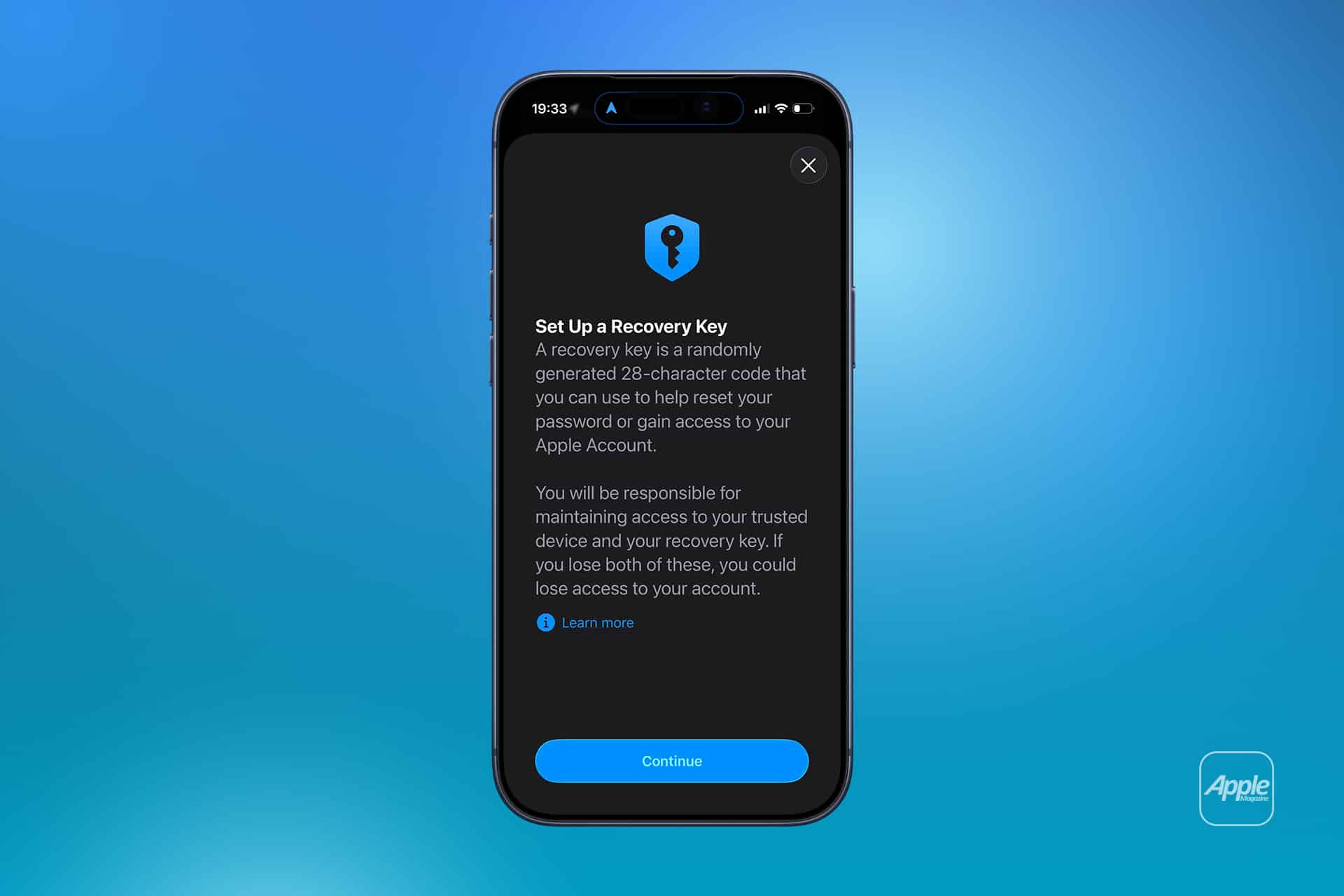 A smartphone displays a screen prompting the user to set up an iCloud recovery key for their Apple account, explaining its purpose and responsibilities, with a "Continue" button at the bottom. The background features a blue gradient with an Apple logo.