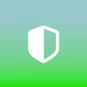 A white shield icon is centered on a blue-to-green gradient background, evoking the Safari Privacy Report. A small, white-outlined Apple logo and the word "Apple" appear in the bottom right corner.