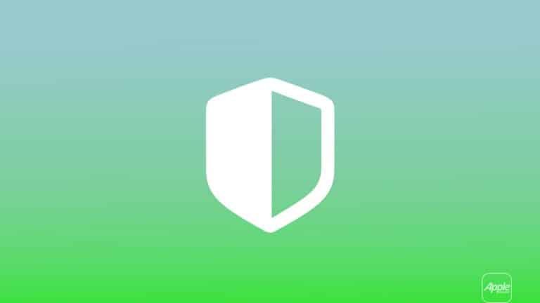 A white shield icon is centered on a blue-to-green gradient background, evoking the Safari Privacy Report. A small, white-outlined Apple logo and the word "Apple" appear in the bottom right corner.