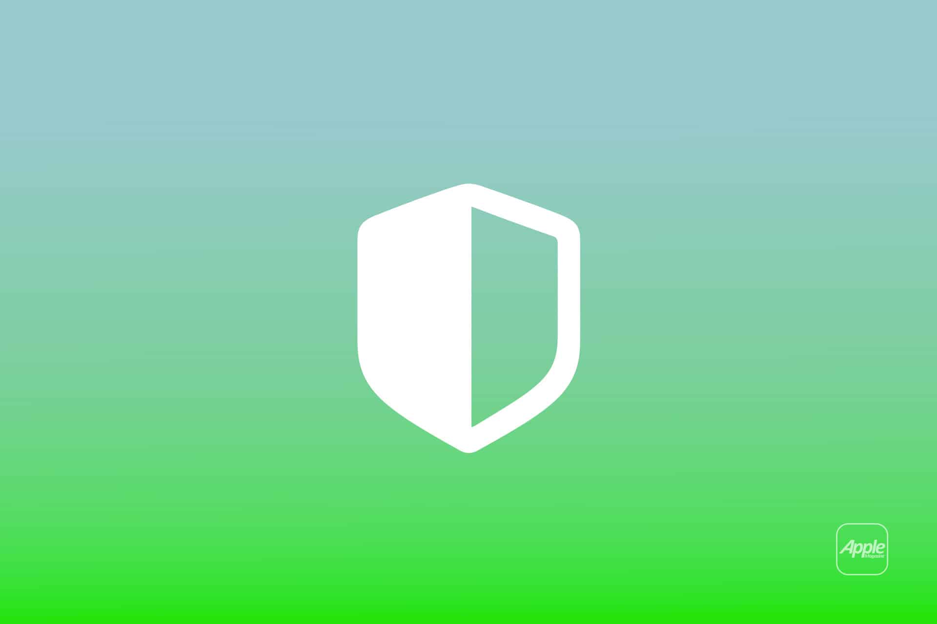 A white shield icon is centered on a blue-to-green gradient background, evoking the Safari Privacy Report. A small, white-outlined Apple logo and the word "Apple" appear in the bottom right corner.