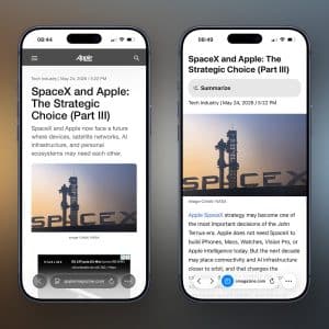 Two iPhone screens show the same Apple Magazine article about SpaceX and Apple, with Safari Reader disabled on the left and enabled on the right.