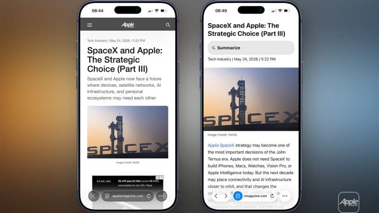 Two iPhone screens show the same Apple Magazine article about SpaceX and Apple, with Safari Reader disabled on the left and enabled on the right.