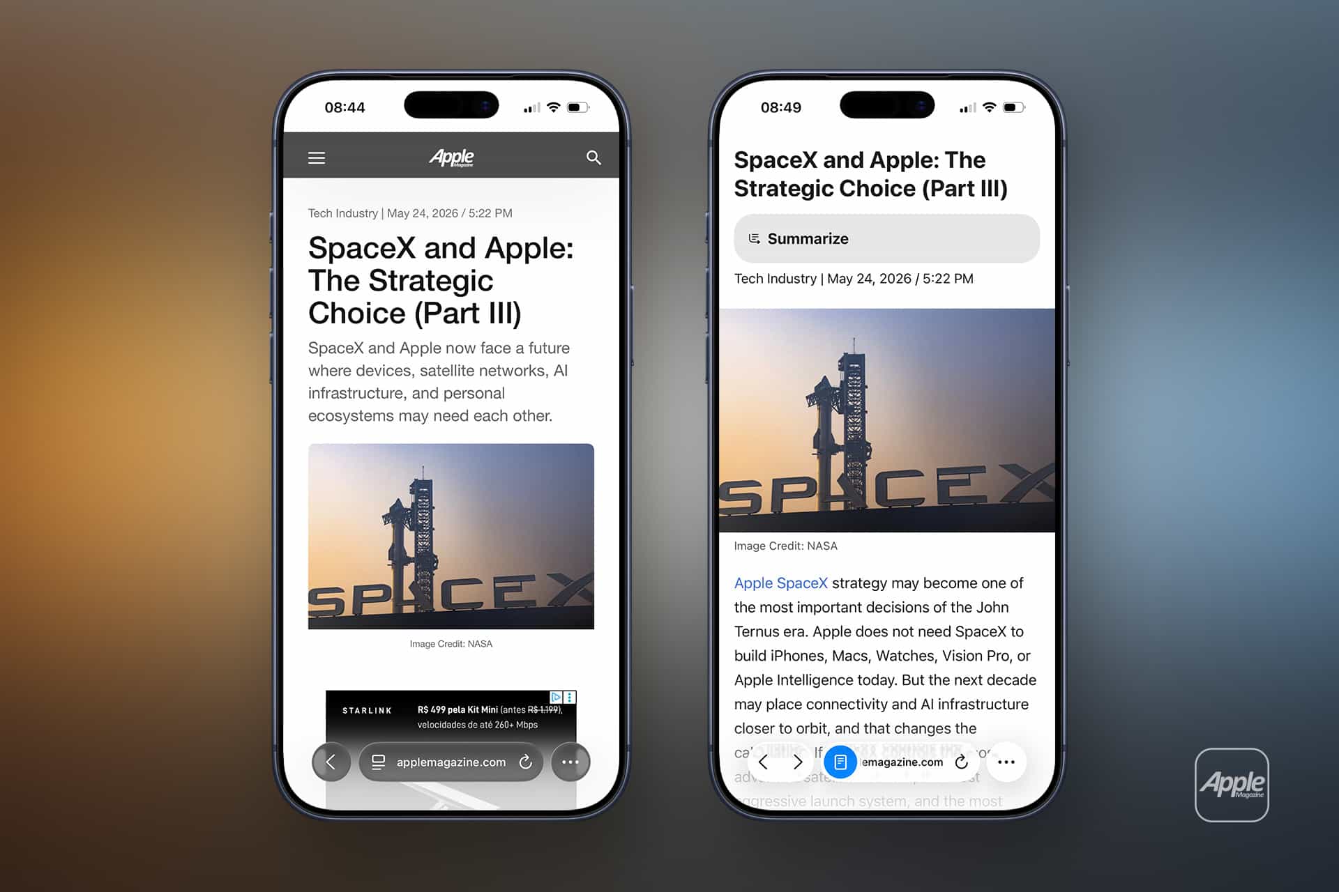Two iPhone screens show the same Apple Magazine article about SpaceX and Apple, with Safari Reader disabled on the left and enabled on the right.