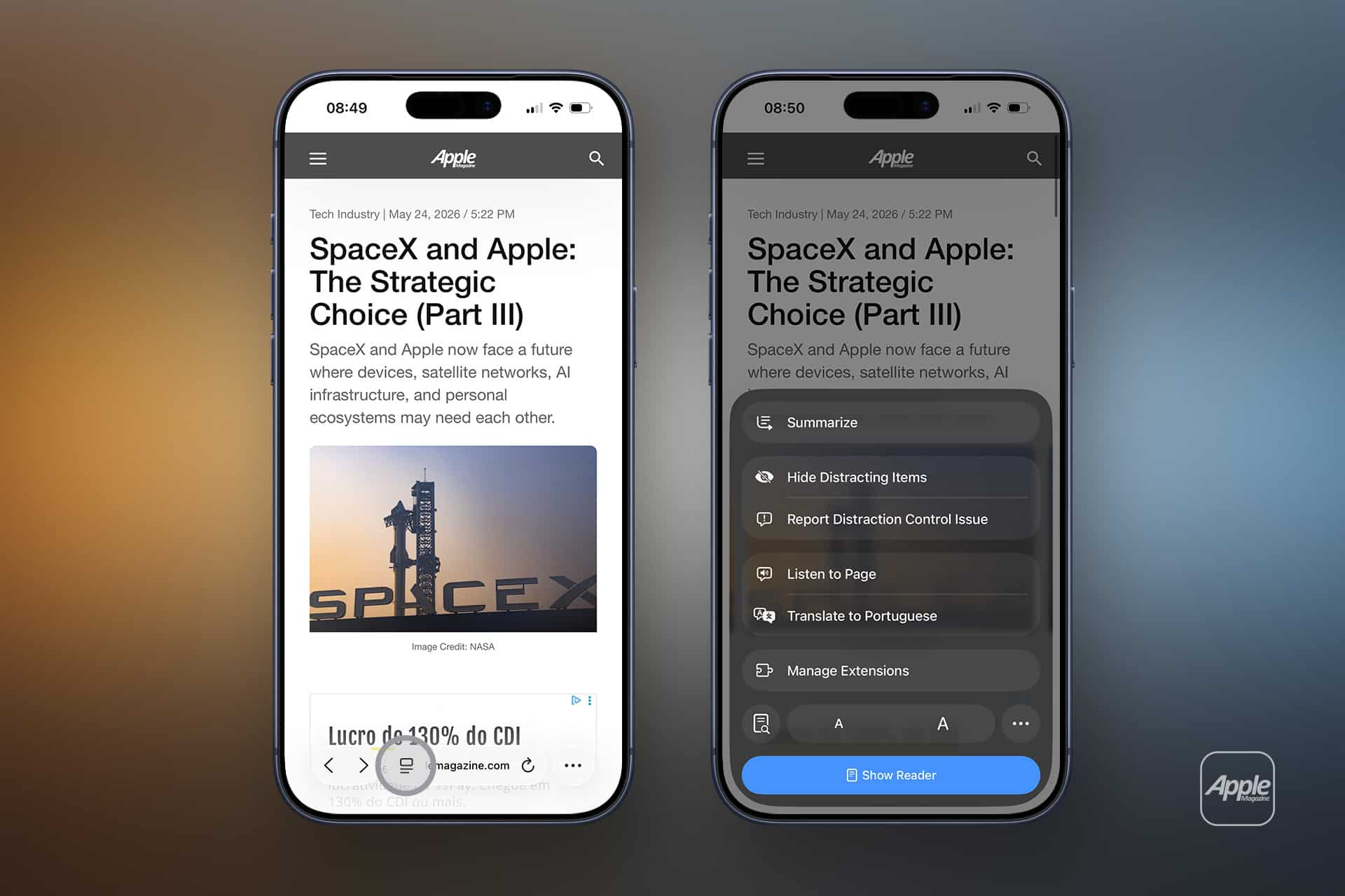 Two iPhone screens show an Apple Magazine article in Safari, with the right screen displaying the Safari menu option to activate Reader mode.