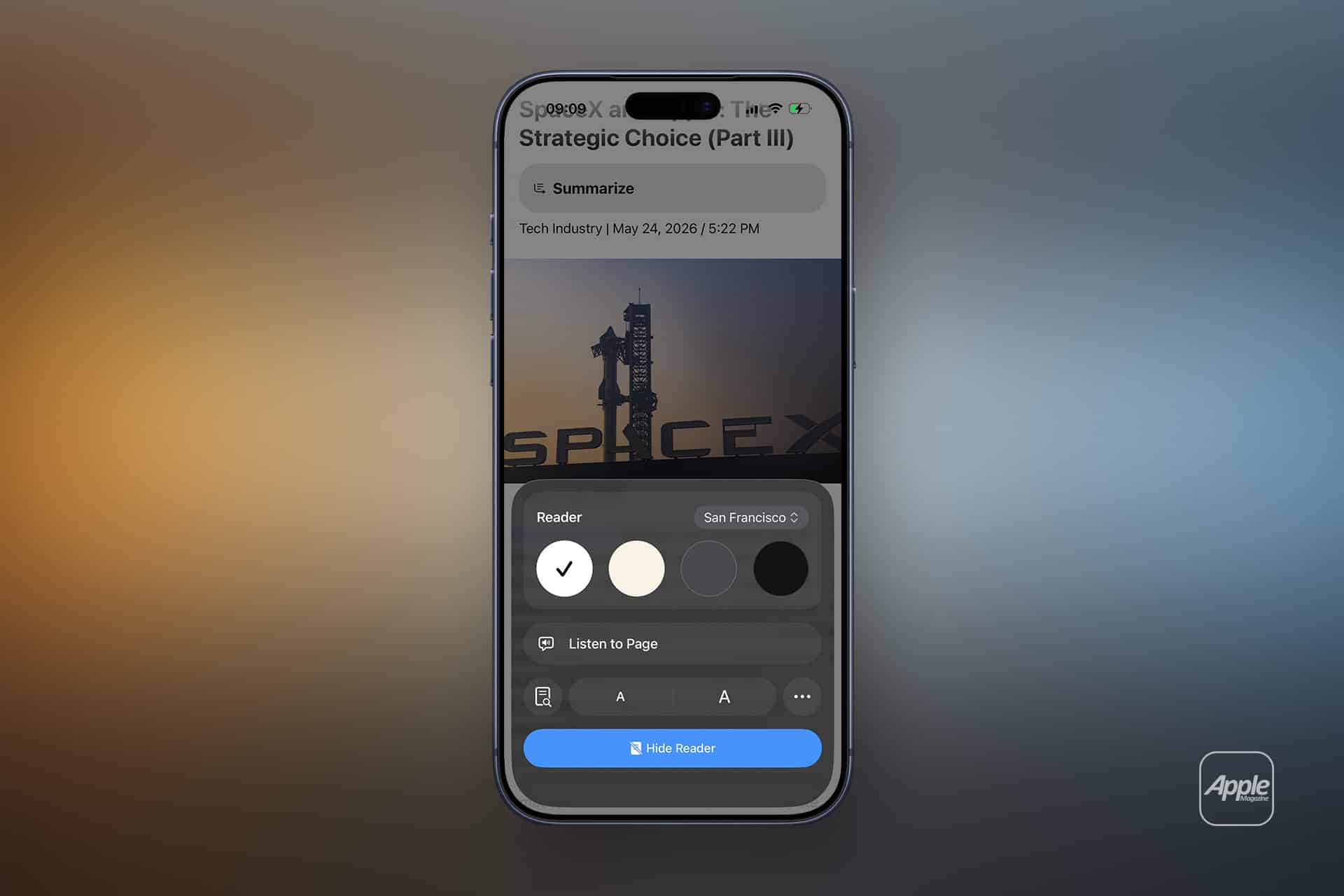 An iPhone screen shows Safari Reader settings with options for page color, font style, text size, and hiding Reader mode.