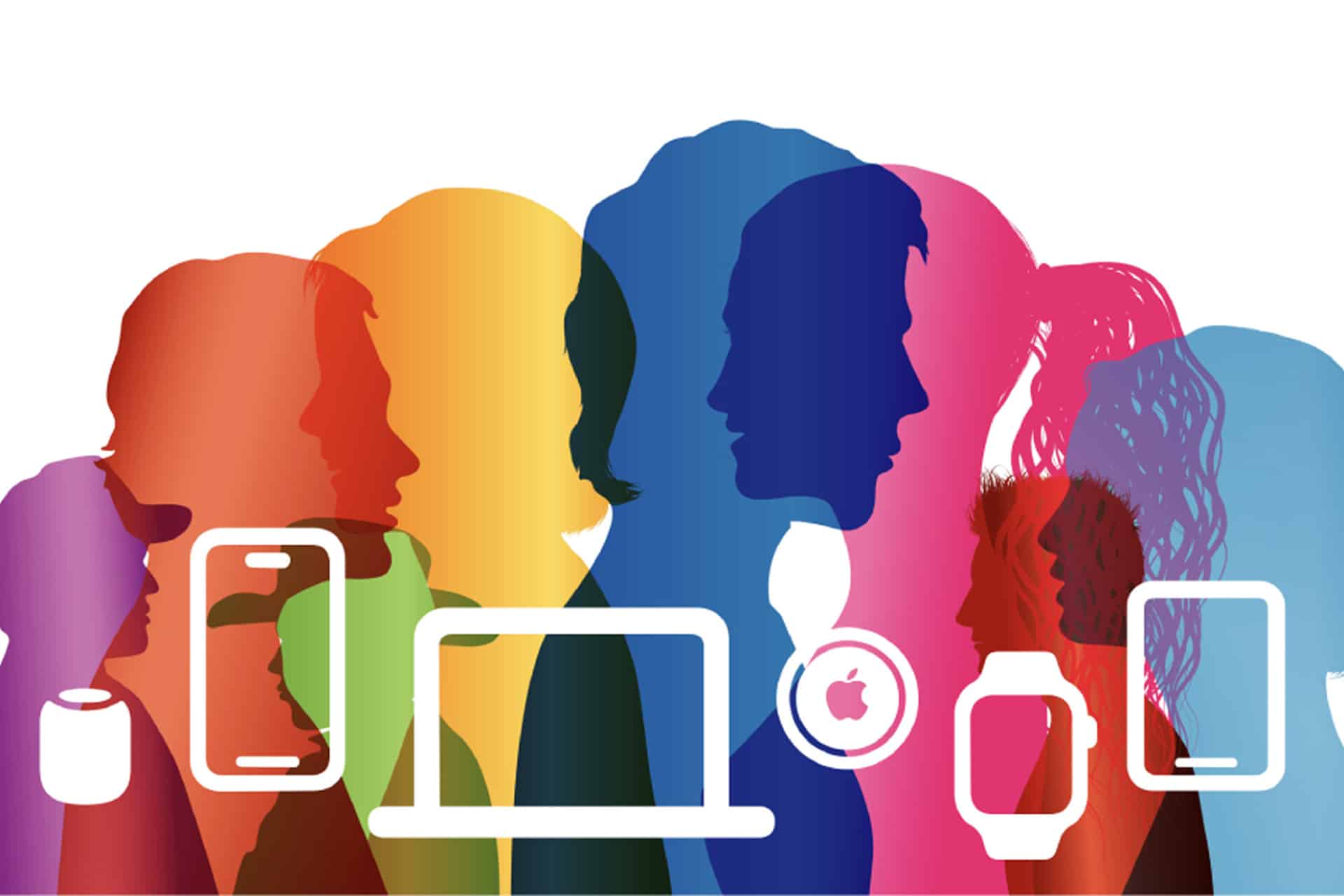 Colorful silhouettes of diverse people overlap, with white icons of Apple devices—including iPhone Stolen Device Protection—layered on top, symbolizing technology and security connecting different individuals.
