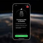 A smartphone displays an "Emergency SOS via Satellite" screen, highlighting iPhone satellite connectivity. It instructs users to be outside for a connection, notes slower messages, and asks questions for faster response. "Report Emergency" and "End" buttons are visible.
