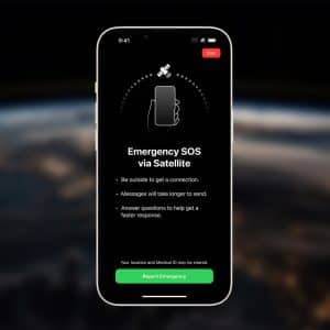 A smartphone displays an "Emergency SOS via Satellite" screen, highlighting iPhone satellite connectivity. It instructs users to be outside for a connection, notes slower messages, and asks questions for faster response. "Report Emergency" and "End" buttons are visible.