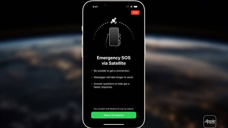 A smartphone displays an "Emergency SOS via Satellite" screen, highlighting iPhone satellite connectivity. It instructs users to be outside for a connection, notes slower messages, and asks questions for faster response. "Report Emergency" and "End" buttons are visible.