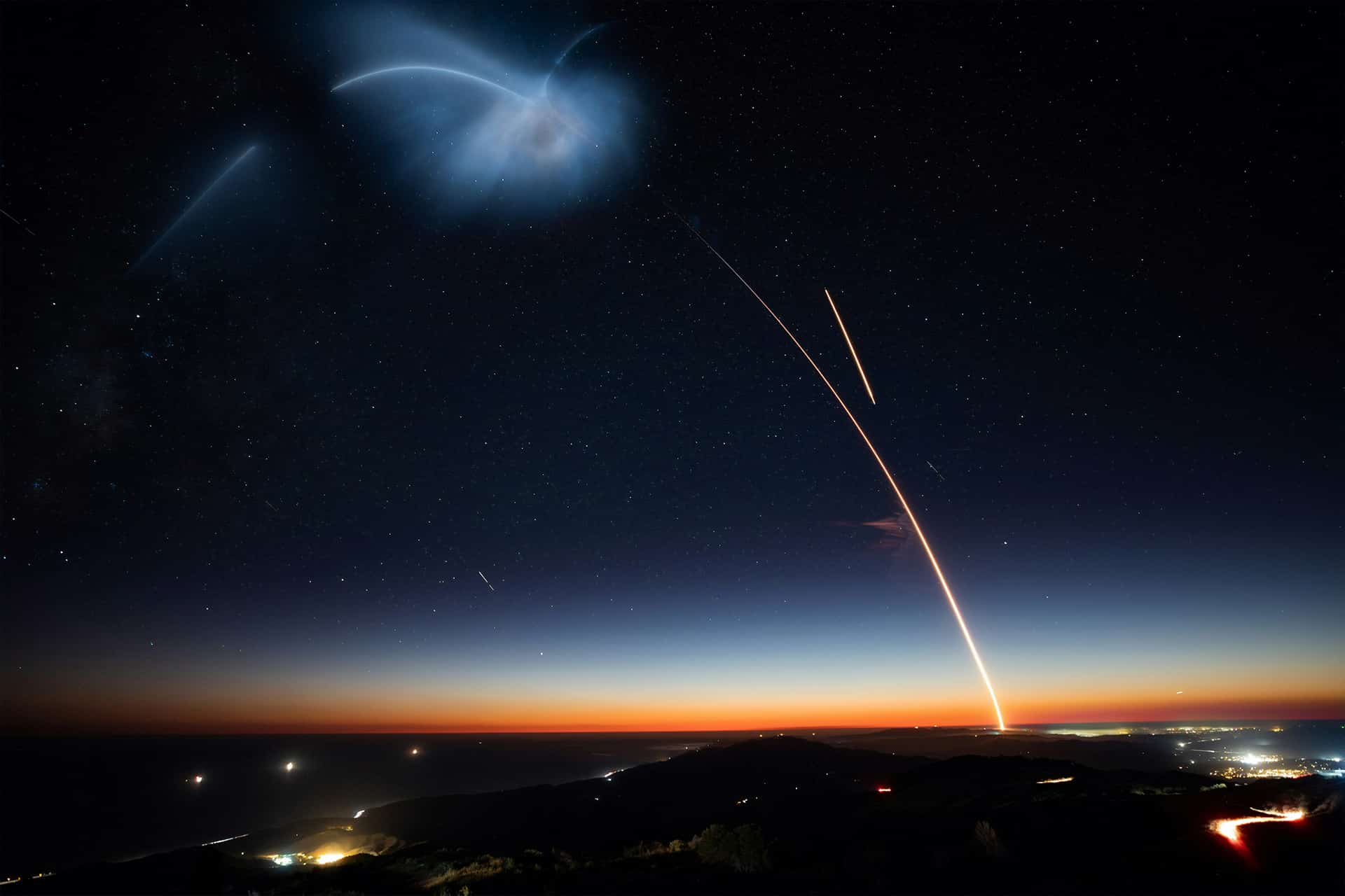 SpaceX and Apple - A long-exposure night sky image shows a bright rocket-like light trail rising from the horizon over a dark coastline beneath stars and a glowing blue plume.