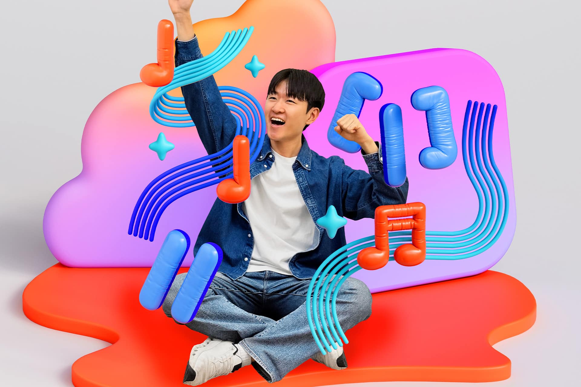A smiling young man sits cross-legged, raising one arm excitedly. He is surrounded by colorful, floating 3D musical notes and shapes, capturing the creative energy of the Swift Student Challenge against a vibrant, abstract background.