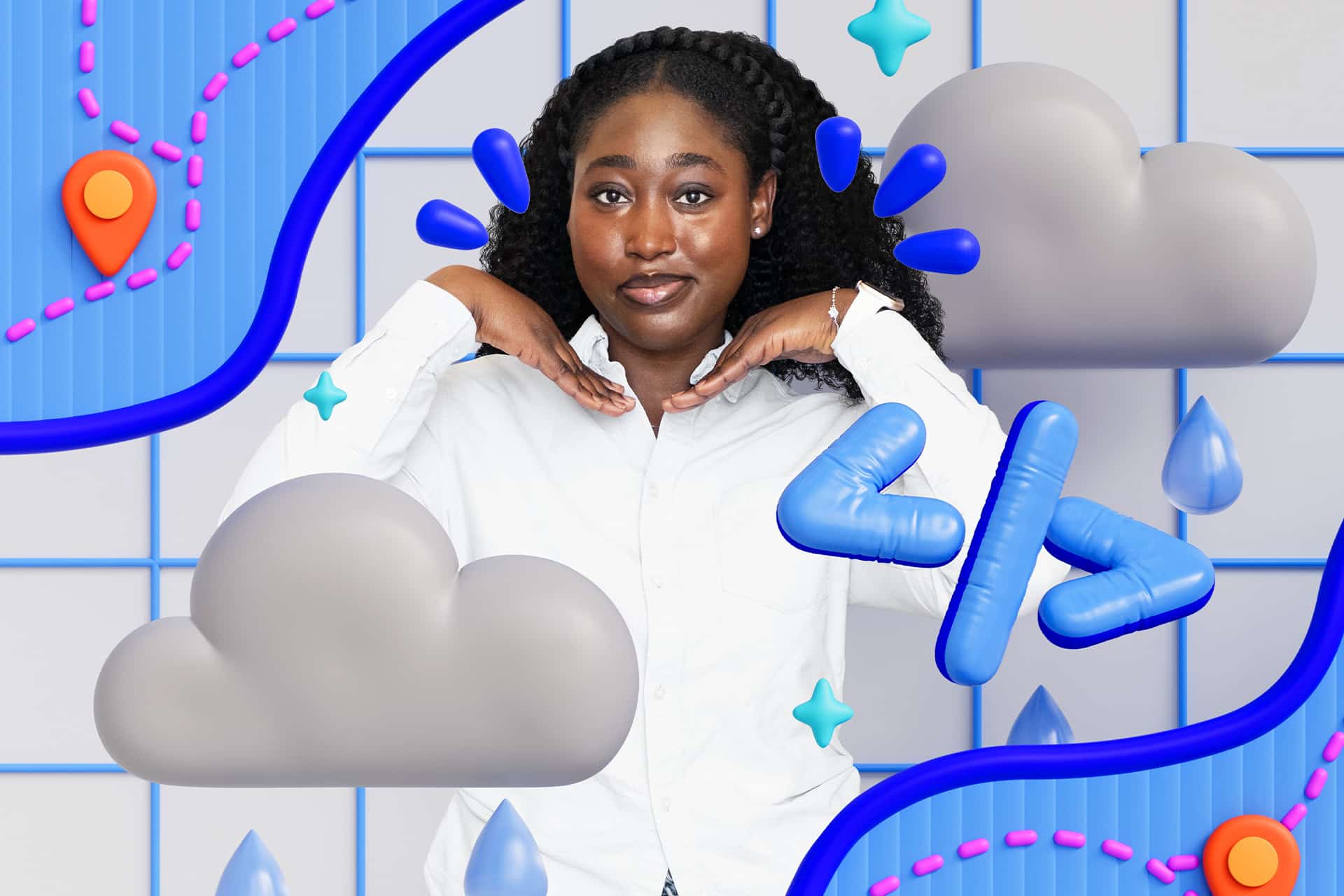 A woman in a white shirt poses with her hands under her chin, surrounded by digital graphics of clouds, raindrops, location pins, blue map lines, and a nod to the Swift Student Challenge against a tiled background.