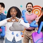 Four diverse young adults stand side by side, smiling and posing with hand gestures. Colorful 3D icons, including music notes, clouds, rain, and gaming symbols from the Swift Student Challenge, float around them on a light gray background.