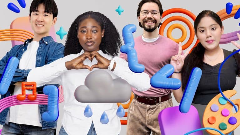 Four diverse young adults stand side by side, smiling and posing with hand gestures. Colorful 3D icons, including music notes, clouds, rain, and gaming symbols from the Swift Student Challenge, float around them on a light gray background.