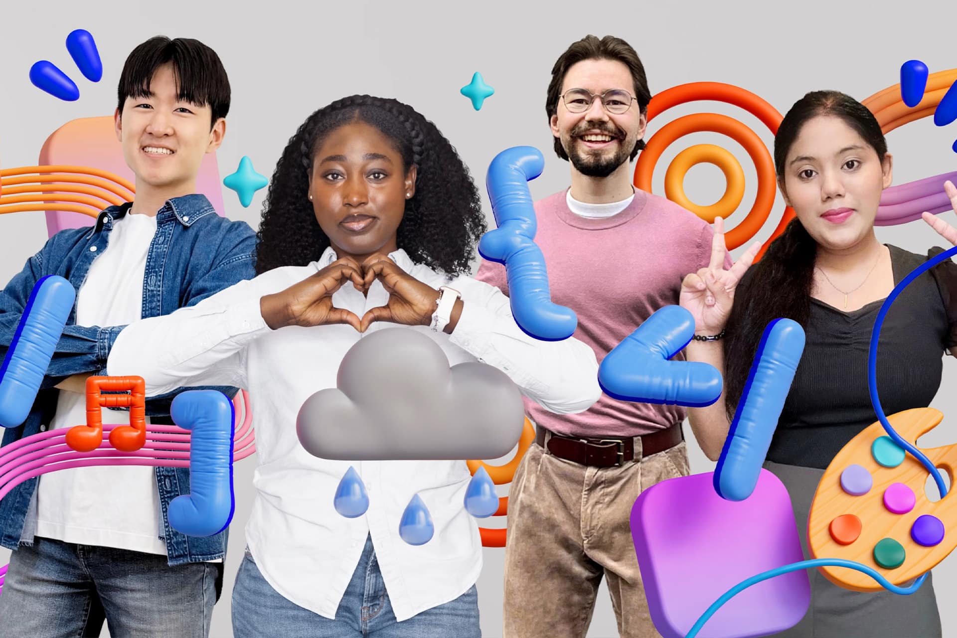 Four diverse young adults stand side by side, smiling and posing with hand gestures. Colorful 3D icons, including music notes, clouds, rain, and gaming symbols from the Swift Student Challenge, float around them on a light gray background.