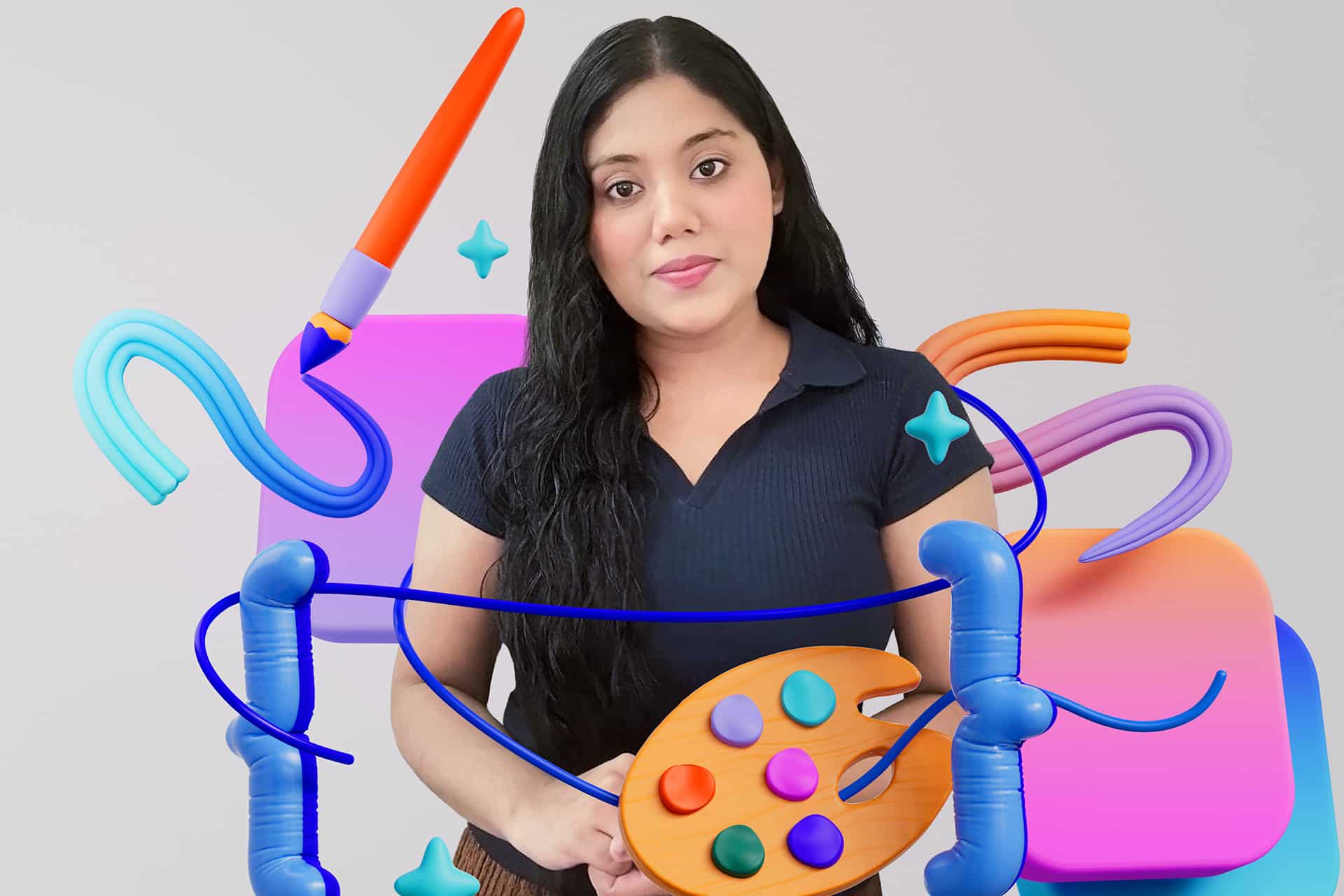 A woman with long dark hair wearing a navy shirt stands against a light background, surrounded by colorful, digitally illustrated art tools—like a paintbrush, palette, and abstract shapes—celebrating her passion shown in the Swift Student Challenge.