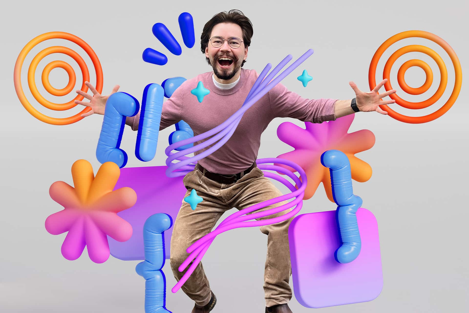 A smiling man in glasses and casual clothes poses energetically among colorful, abstract 3D shapes—swirls, stars, and tubes—on a neutral background, evoking the creativity and excitement of the Swift Student Challenge.