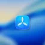 App icon with three white propeller blades on a blue grid background, centered on a blurred blue and beige abstract background—ideal for Apple beta testing. A small Apple logo appears in the bottom right corner.