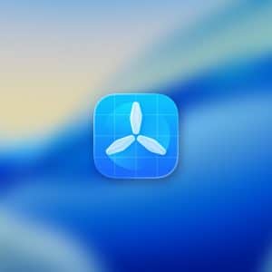 App icon with three white propeller blades on a blue grid background, centered on a blurred blue and beige abstract background—ideal for Apple beta testing. A small Apple logo appears in the bottom right corner.