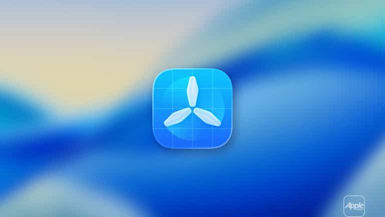 App icon with three white propeller blades on a blue grid background, centered on a blurred blue and beige abstract background—ideal for Apple beta testing. A small Apple logo appears in the bottom right corner.
