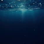 Underwater iPhone photos capture a serene scene as sunlight filters through the water, bubbles rising gently toward the surface in a peaceful, deep blue world.
