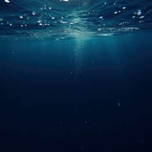 Underwater iPhone photos capture a serene scene as sunlight filters through the water, bubbles rising gently toward the surface in a peaceful, deep blue world.
