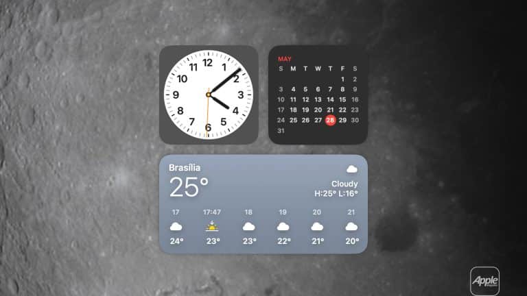 A digital interface with Mac desktop widgets displays a clock at 9:07, a May calendar highlighting the 28th, and a weather widget for Brasília showing 25°C and cloudy skies, all set against the moon’s surface.