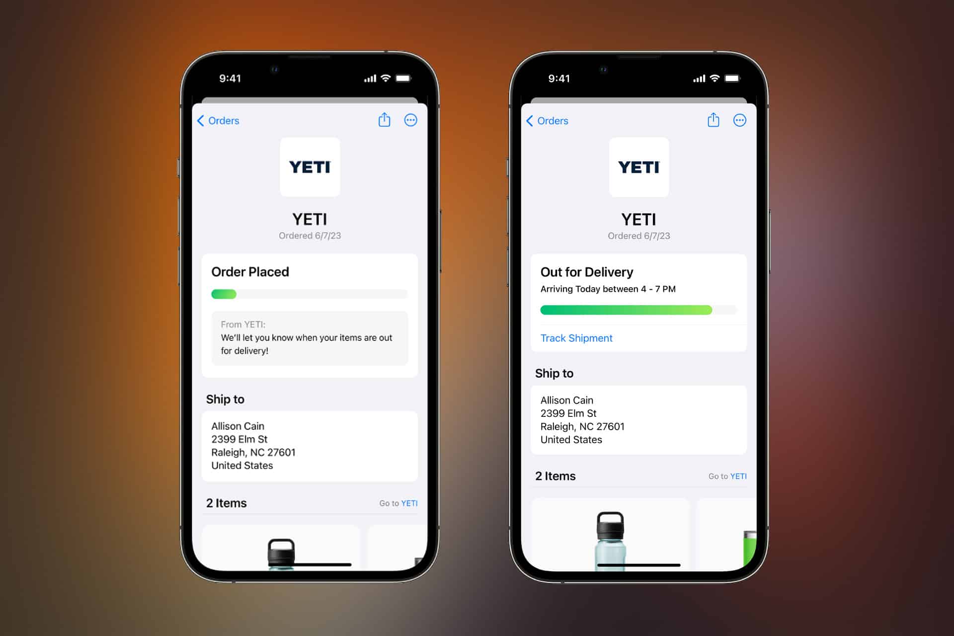 Two smartphones display an order tracking screen for YETI products, including Apple Wallet Orders, showing order and delivery details, shipping address, and tracking info. One screen shows “Order Placed,” the other shows “Out for Delivery.”.