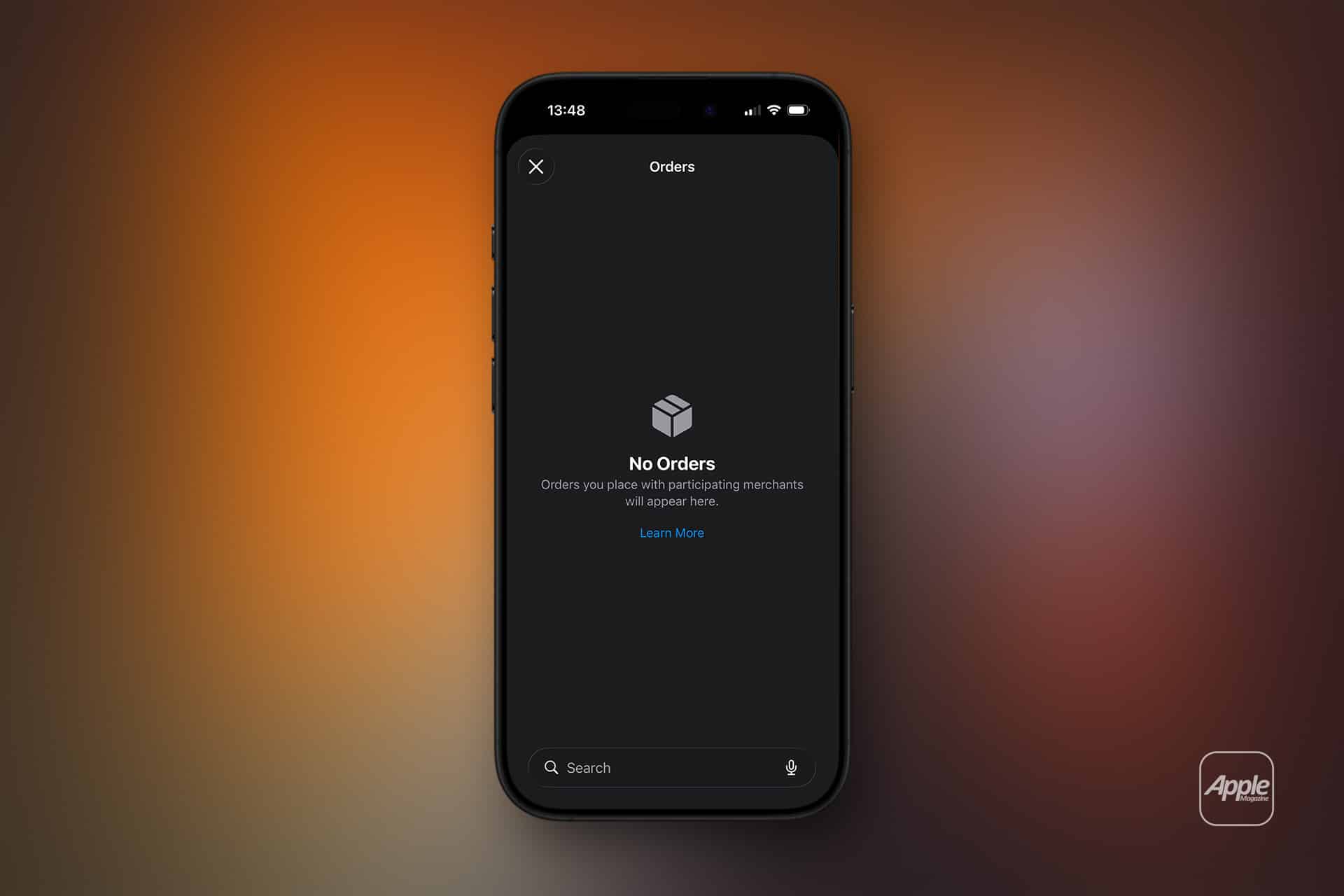 A smartphone displays a screen with the message "No Orders" and an icon of a box, indicating there are no Apple Wallet Orders yet. The background features a warm gradient, with an Apple logo in the bottom right corner.