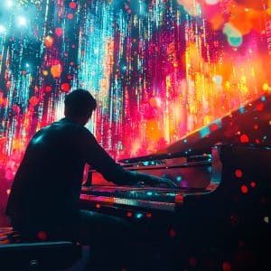 A person plays a grand piano on stage, surrounded by vibrant, colorful lights and abstract digital patterns, as AI-generated songs blend seamlessly into the dynamic and immersive atmosphere.