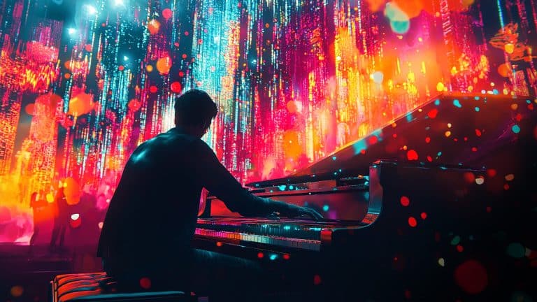 A person plays a grand piano on stage, surrounded by vibrant, colorful lights and abstract digital patterns, as AI-generated songs blend seamlessly into the dynamic and immersive atmosphere.