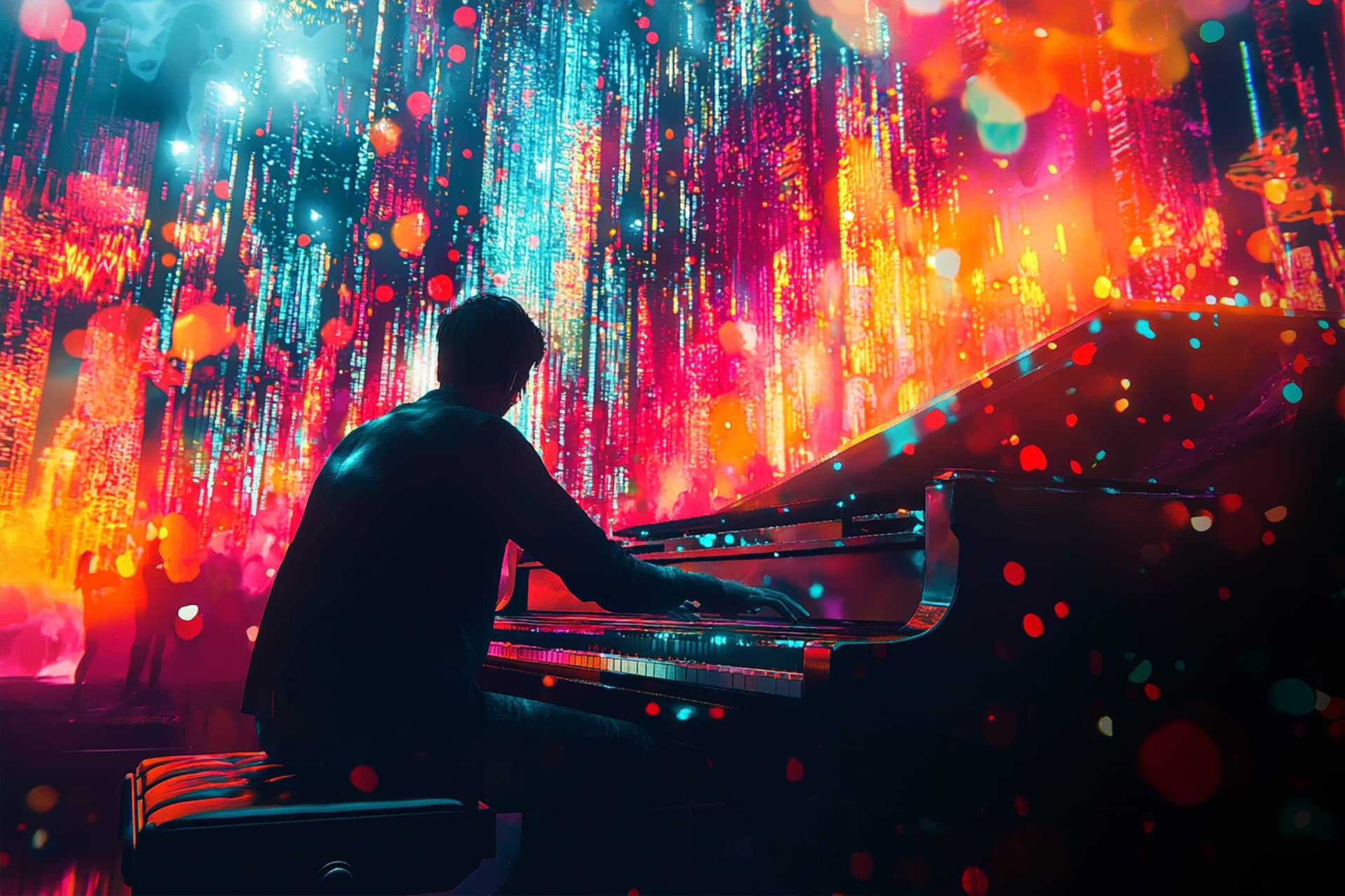 A person plays a grand piano on stage, surrounded by vibrant, colorful lights and abstract digital patterns, as AI-generated songs blend seamlessly into the dynamic and immersive atmosphere.