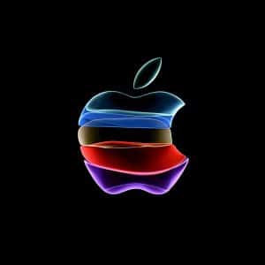 A glowing Apple logo, symbolizing Apple Innovation, features layered neon colors—blue, light blue, red, purple, and yellow—on a solid black background.