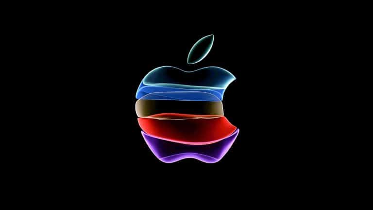 A glowing Apple logo, symbolizing Apple Innovation, features layered neon colors—blue, light blue, red, purple, and yellow—on a solid black background.