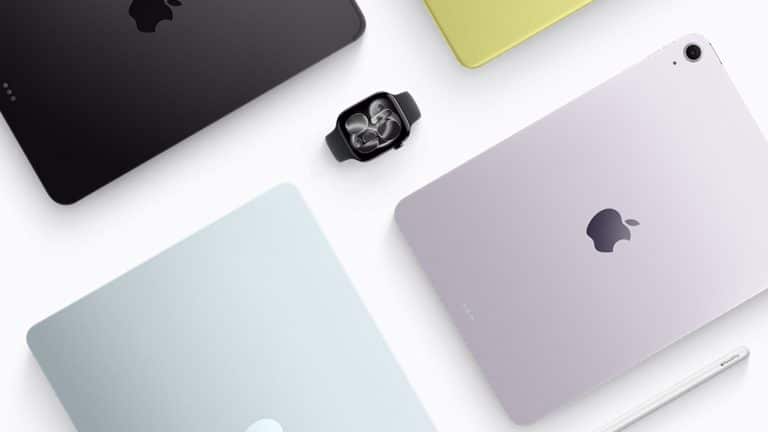 A flat lay of Apple devices in various pastel colors, including iPads, a MacBook, and Apple Watch with earbuds in the center—perfect for an Apple Back to School setup—all arranged with an Apple Pencil on a white surface.