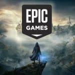 A cloaked figure stands on a cliff overlooking a misty fantasy landscape with castles and dragons, holding a glowing staff. The Epic Games logo, touched by the recent Apple Supreme Court ruling on App Store fees, is prominently displayed in the center.