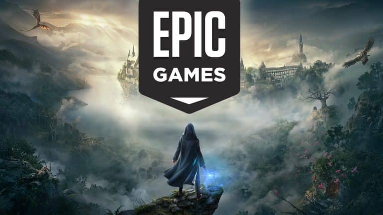 A cloaked figure stands on a cliff overlooking a misty fantasy landscape with castles and dragons, holding a glowing staff. The Epic Games logo, touched by the recent Apple Supreme Court ruling on App Store fees, is prominently displayed in the center.