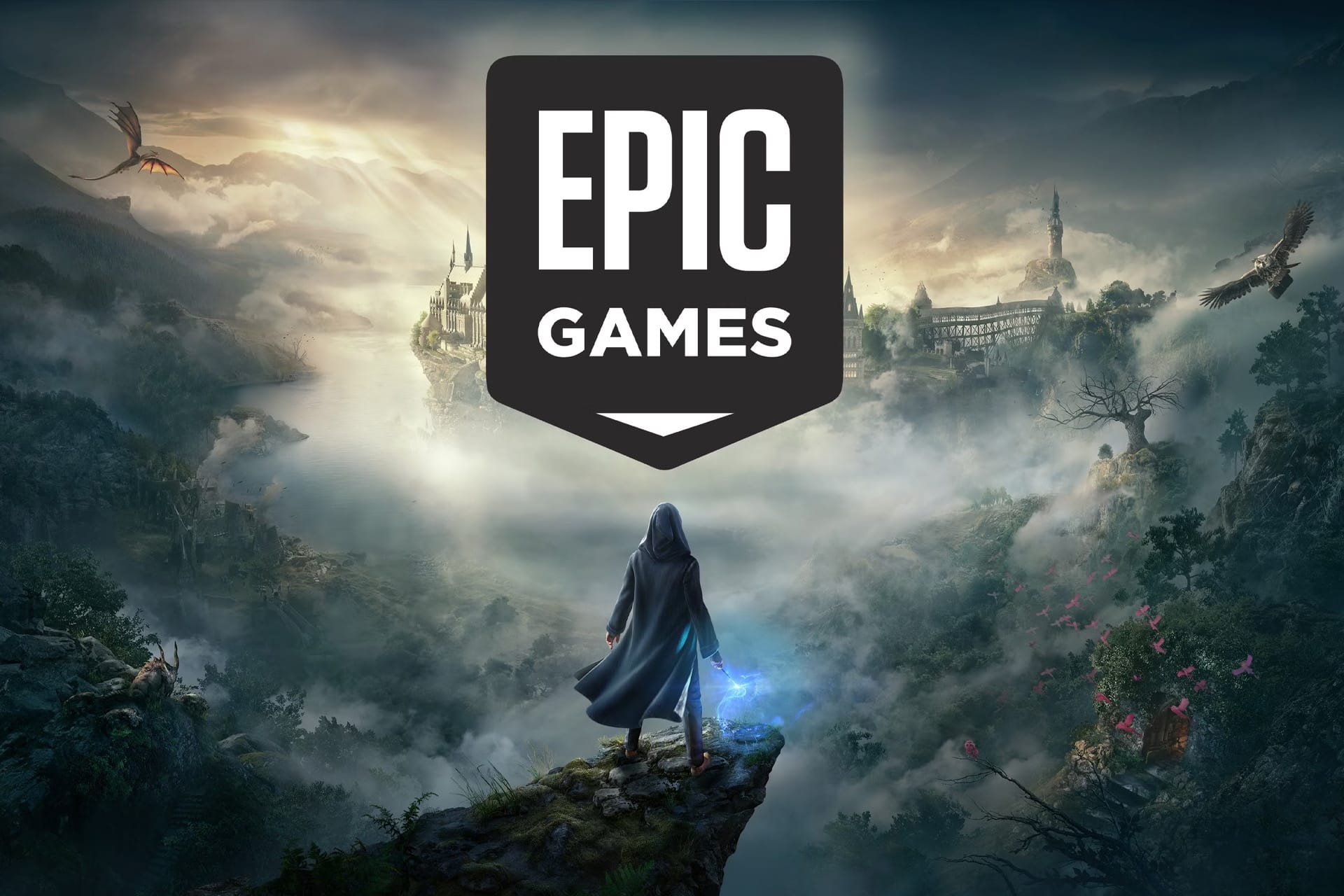 A cloaked figure stands on a cliff overlooking a misty fantasy landscape with castles and dragons, holding a glowing staff. The Epic Games logo, touched by the recent Apple Supreme Court ruling on App Store fees, is prominently displayed in the center.