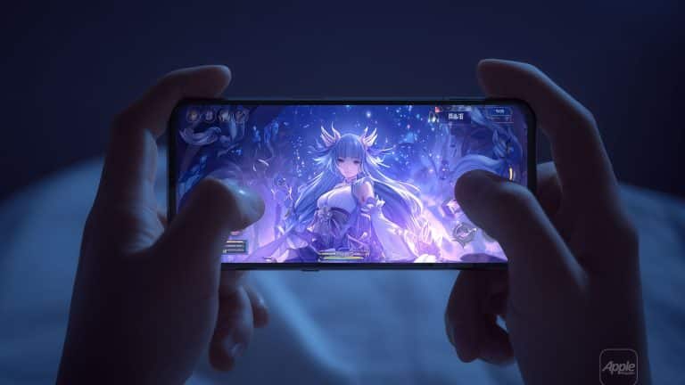 A person holds a smartphone in both hands, playing a fantasy video game featuring an anime-style character with long hair and glowing effects, reflecting how Apple's Ecosystem is reshaping the mobile entertainment industry. The dim lighting suggests nighttime gaming.