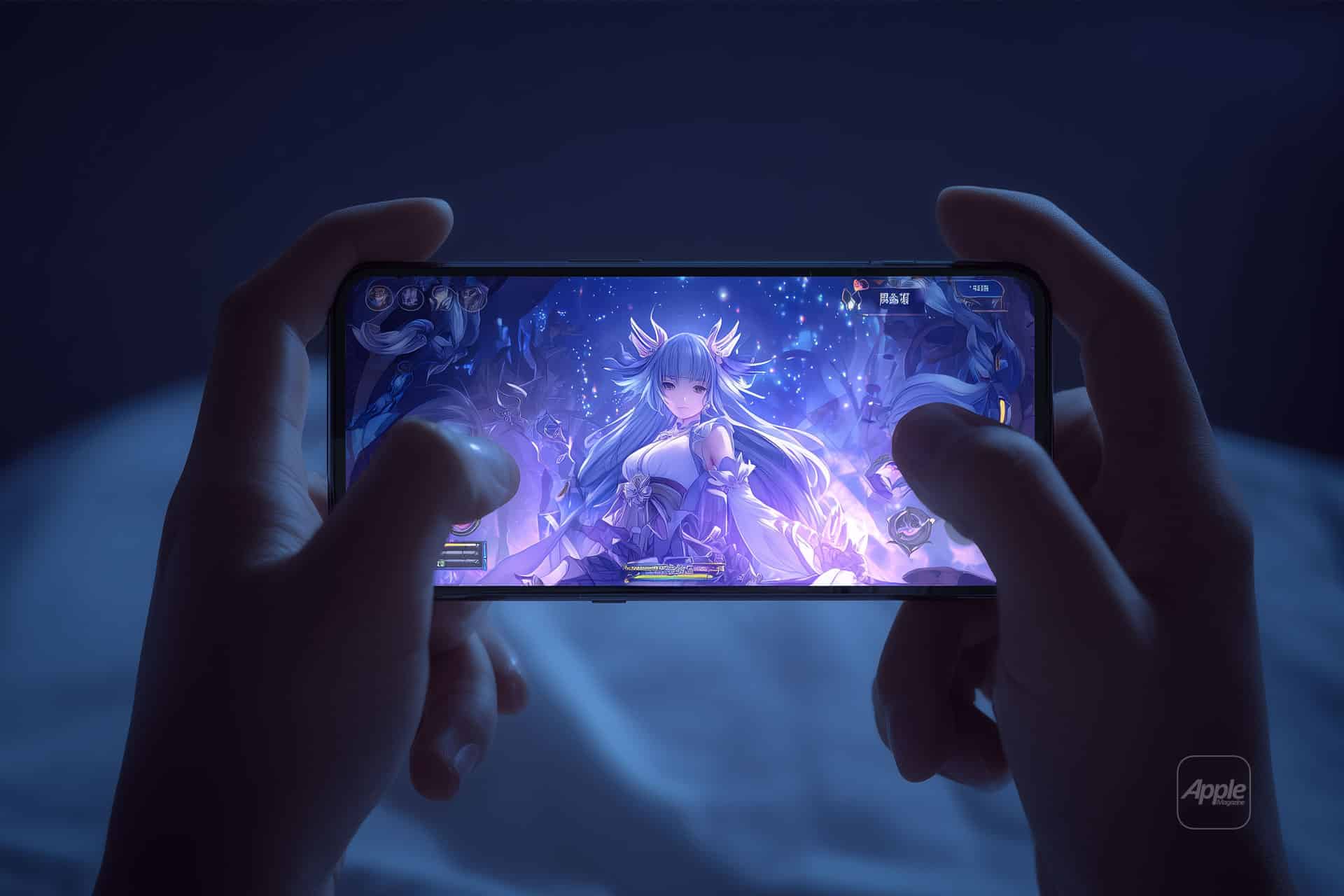A person holds a smartphone in both hands, playing a fantasy video game featuring an anime-style character with long hair and glowing effects, reflecting how Apple's Ecosystem is reshaping the mobile entertainment industry. The dim lighting suggests nighttime gaming.
