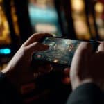 A person holds a smartphone with both hands, playing a detailed fantasy game. The background, with colorful lights and slot machines, reflects how mobile entertainment industry trends are reshaping the casino-like atmosphere.
