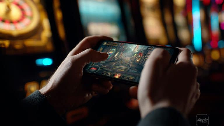 A person holds a smartphone with both hands, playing a detailed fantasy game. The background, with colorful lights and slot machines, reflects how mobile entertainment industry trends are reshaping the casino-like atmosphere.