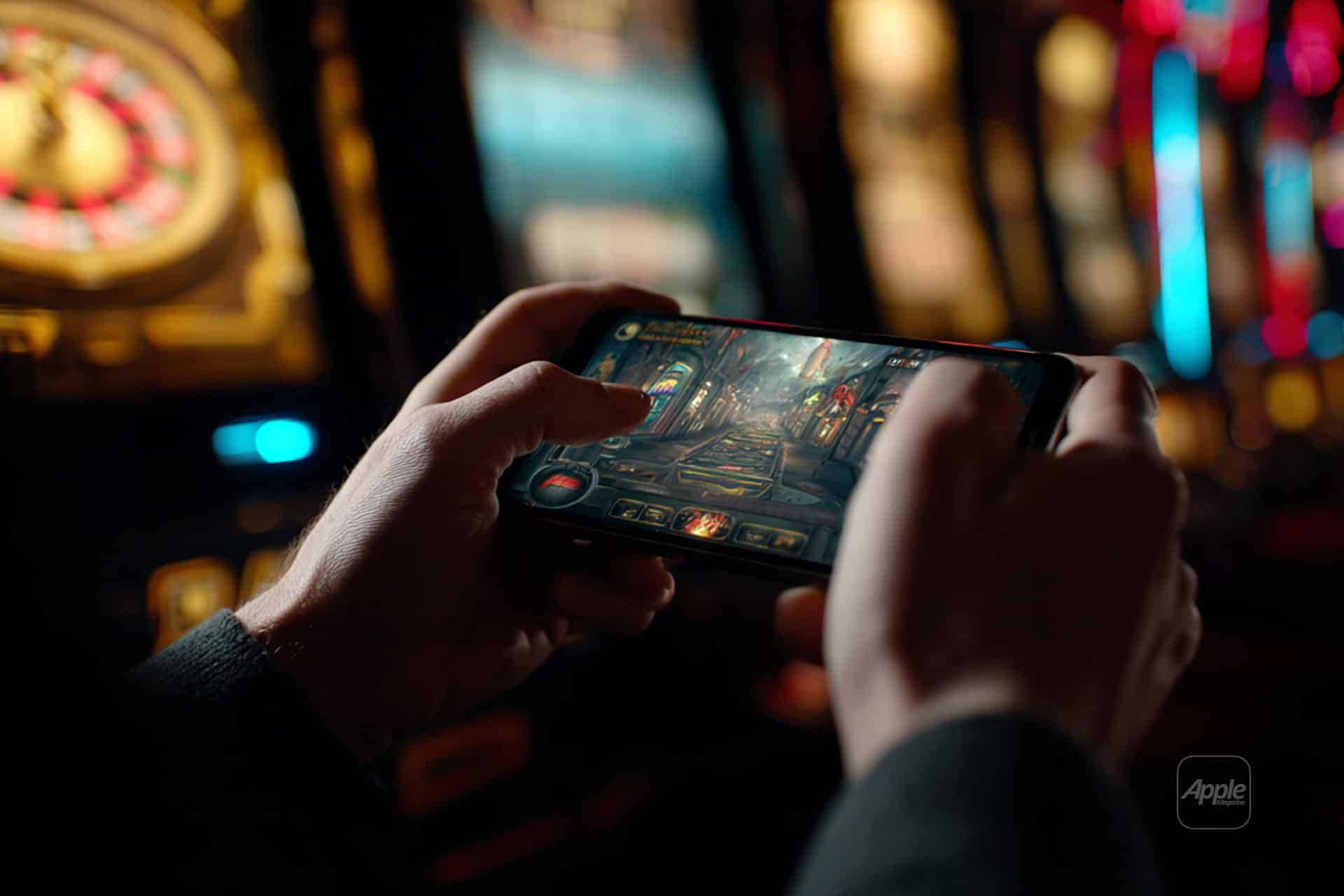 A person holds a smartphone with both hands, playing a detailed fantasy game. The background, with colorful lights and slot machines, reflects how mobile entertainment industry trends are reshaping the casino-like atmosphere.