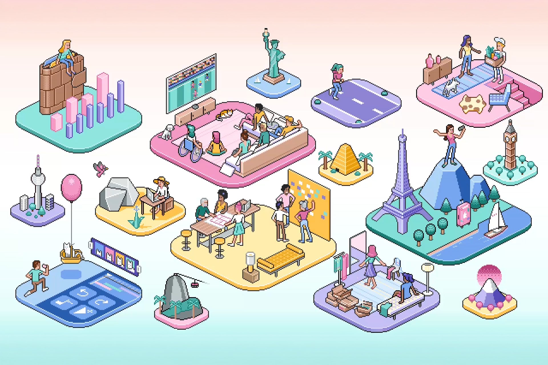 Colorful isometric illustration showing diverse groups of people engaging in activities like working, sightseeing, and exercising on floating platforms, all connected through digital devices and charts powered by Full-AI iOS innovations.